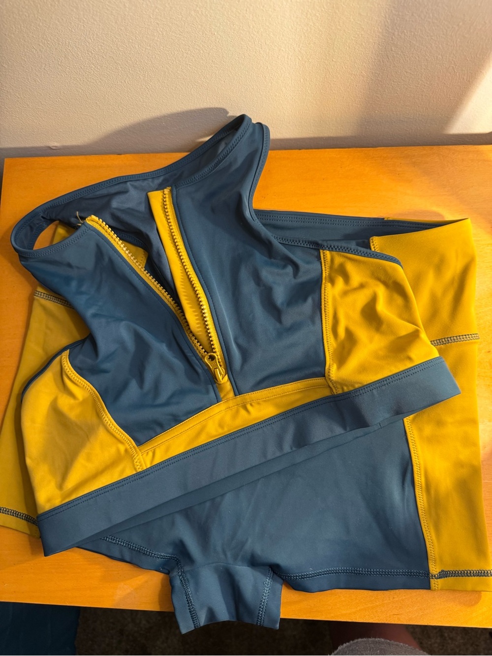 Fabletics Green and Mustard Yellow Sport Bikini Top with Front Zipper
